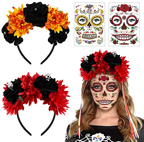 FRCOLOR Haarreif mit Blumen, Tag der Toten Rosen Haarreif mexikanischen Blumen Kronen mit 2 Stück Halloween Temporäre Gesicht Tattoos Toten Zucker Schädel Tattoos