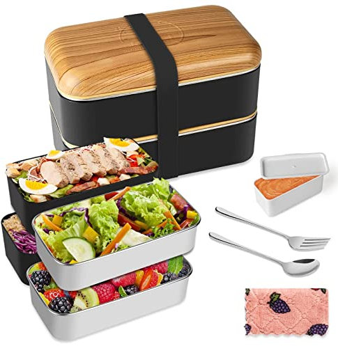 CHAMEEN Bento - Caja de almuerzo de estilo japonés de 2 niveles con 2 recipientes de polipropileno ecológico y recipiente de acero inoxidable, para niños y adultos, con compartimentos