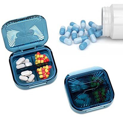 Tablettenbox 4 Fächer Pillendose Wasserdichte Medikamentenbox Pillenbox， Persönlicher Tabletten-Organizer für Reise & täglichen Gebrauch Blau