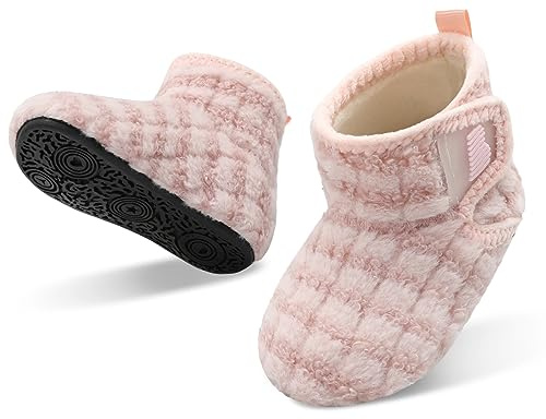 JOINFREE Toddlers Indoor Boots Furry Baby Slippers with Rubber Sole Baby Girls Boys House Sock Shoes StripePink 5/5.5 UK Child 22-23 EU