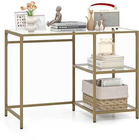 COSTWAY Konsolentisch, Beistelltisch aus gehärtetem Glas mit 2 offenen Regalen & Metallgestell, Flurtisch, Sofatisch für Flur, Wohnzimmer, Schlafzimmer, Büro, Gold