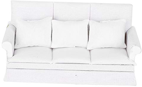 Dilwe 1:12 Puppenhaus-Sofa Hölzerne Puppenhaus-Couch mit DREI Kissen Mini-Puppenhaus-Möbeldekoration für das Wohnzimmer des Puppenhauses (Weiss)