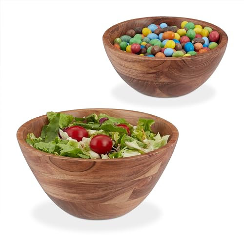 Relaxdays Juego Set de 2 Ensaladeras de Madera de Acacia, Cuencos Redondos para Ensalada, Fruteros Ø 19 y 25 cm, Marrón, Caucho, 12 x 25 cm