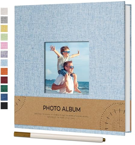 Vienrose Álbum de Fotos Autoadhesivo con Ventana para Fotos de 10x15, Pequeño Álbum de Recortes de Lino 40 Páginas Blancas DIY Libro de Recortes con Bolígrafo de Metal, 17x18 CM Azul cielo