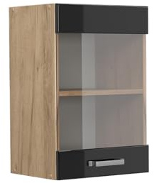 Vicco Küchenglasschrank R-Line, Schwarz Hochglanz/Goldkraft Eiche, 40 cm
