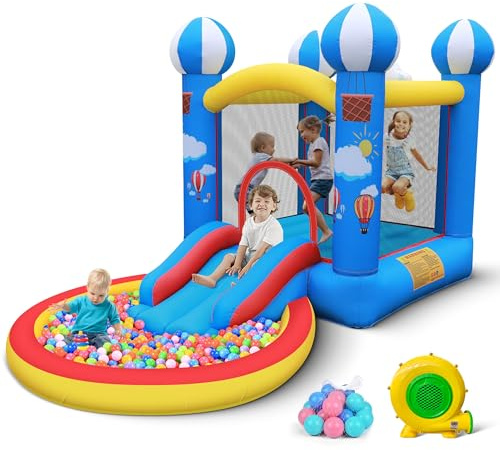 Culaluva Inflatable Bounce House: 4 in 1 Bouncy Castle with Ball Pit & Slide for Kids Age 3-6 with 370 Watt Blower and Storage Bag for Indoor Outdoor Play Oxford Cloth