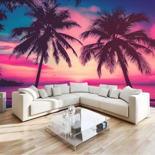 Papel Tapiz Fotográfico Papel Tapiz Playa Tropical Palmeras Atardecer Morado 3D Art Mural Cafe Restaurant Dormitorio Decoración para el Hoga Murales Papel Pintado a Papel Fotomural Dormitorio