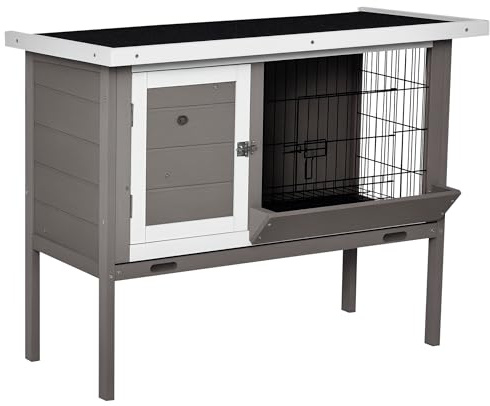 PawHut Kaninchenstall aus Holz, Nagerhaus, Käfig für den Außenbereich, für Kleintiere, mit Futternapf, Dach aus Asphalt, 2 Türen und abnehmbarer Platte, 91 x 46 x 71 cm, Grau