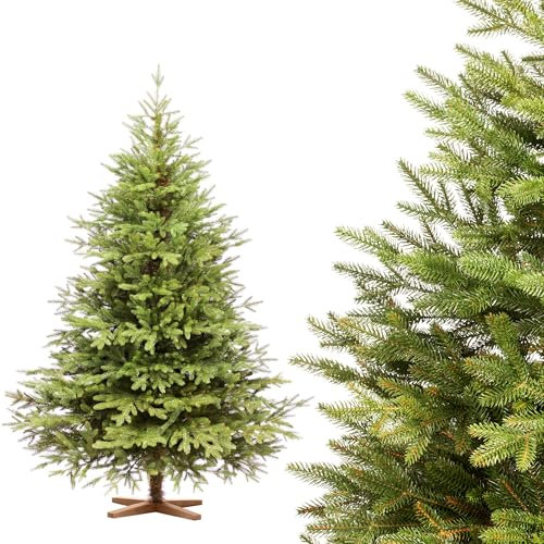 FAIRYTREES Weihnachtsbaum künstlich 180cm Nordmanntanne Exklusiv 100% PE | Tannenbaum Holzständer | Made in EU | Christbaum künstlich mit Naturgetreue Spritzguss Elemente