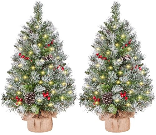 Yaheetech 2Pcs Pre-Lit Artificial Mini Tabletop Christmas Tree, 3ft/98cm Frosted Battery Operated Small Xmas Trees with 50 LED Lights, 70 Red Berries &10 Pinecones for Festival Decoration