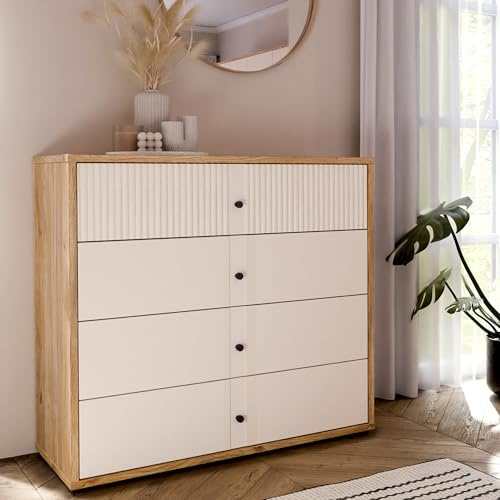 FORTE Rankin Kommode 105 mit 4 Schubladen, Kaschmir/Beige, Mauvella Eiche Dekor/Sand, 104,8 cm breit x 95,9 cm hoch x 42 cm tief