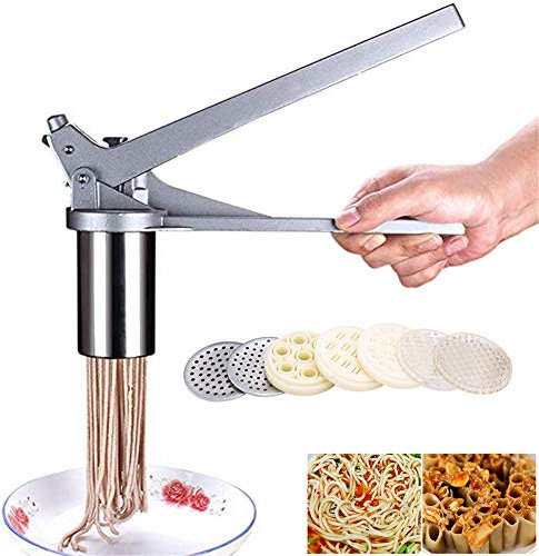 Macchina per pasta manuale professionale in acciaio inox con 7 stampi per pressatura per fettuccine fresche, spaghetti, riso, verdura, frutta, spremiagrumi