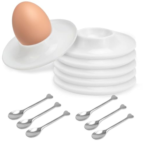KXVXXV Lot de 6 coquetiers en plastique blanc pour enfants et camping - Empilables avec cuillère avec plateau - En plastique