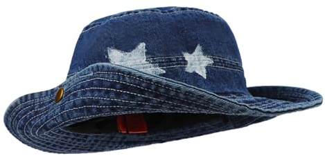 FakeFace Western-Cowboyhut Damen Fischerhut mit Sternen-Muster, Vintage Jeans Faltbarer Sonnenhut Eimer Hut Bucket Hat Sommerhut Schlapphut Anglerhut, ideal für Camping Reisen Wandern