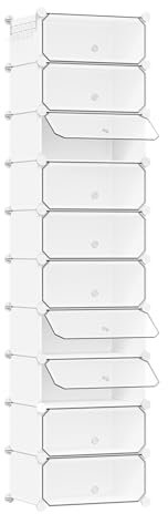 WOLTU Schuhbox, Schuhablage, Satz von 10, stapelbares Design, für 20 Paare, mit Tür, Haken, 43,5 x 174 x 31,5 cm, Weiß