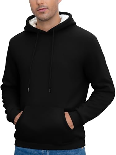 Vorvowry fleecetröja herr fleece huvtröja varm fodrad termisk sherpa huvtröja med känguruficka tjock vintertröja herr, svart, M