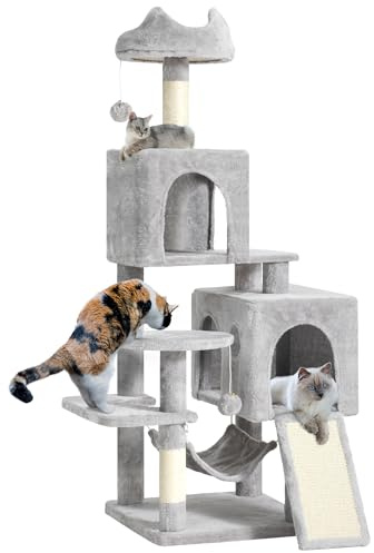 YITAHOME Kratzbaum Groß, XL 137 cm hoch, mit 2 Sisalpfosten Kratzsäule, 1 Plattformen, 2 Höhlen, Hängematte, Plüschbälle, Katzenkratzbrett, Kletterbaum für Katzen, Hellgrau