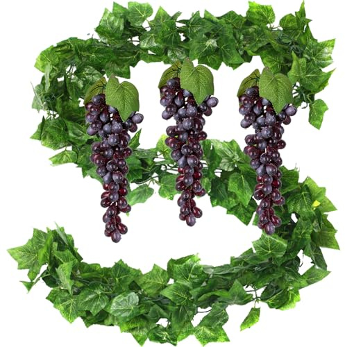 2Pcs 140 Leaves Artificial Greenery Garlands Hanging Leaves with 3 Strings 85 Purple Grapes for Faux Grape Leaf Garland Vine Plants for Indoor Outdoor Wedding Garden Home Party Wine Rack Decor