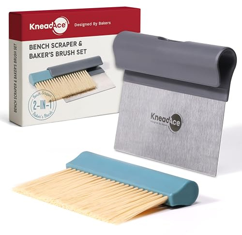 KneadAce Dough Scraper & Baker’s Brush.Stainless Steel Bench Scraper & Flour Cleaning Brush. Kitchen Tool for Pastry, Sourdough and Baking Prep Bread Dough Cutter, Gift For Bakers (Gray/Turquoise)