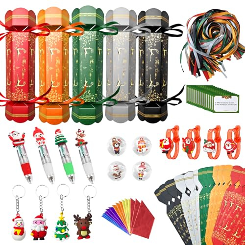 Surcotto 15 Pack DIY Christmas Crackers Kit, Make Your Own Crackers Set, DIY Christmas Crackers Bulk, Xmas Party Cracker Candy Paper Boxes Novelty Decorations with Hats Riddle Cards, No Snap