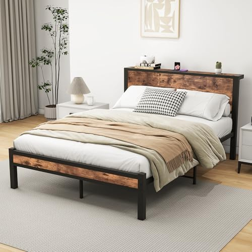 VSOGA 140x200 cm Metallgestell mit Stauraum-Kopfteil, Einzelnes Metall-Plattformbettgestell, Geräuschfrei, Metalluntergestell, Ohne Boxspring Notwendig, Vintage Braun