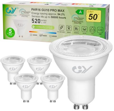 GY Klass A LED-lampor GU10 2.9W motsvarande 50W, 520LM 4 000K neutral vit, 100° ljusvinkel, dimbar, GU10 LED-glödlampa energieffektivitet, set med 5