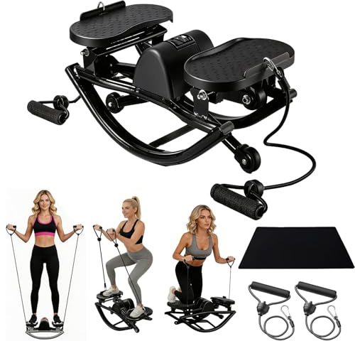 Stepper für Zuhause, Rocking U-Shape Mini Stepper Fitness Leiser Heimtrainer mit LCD-Display mit Widerstandsbändern und Bodenmatte für Training Von Beinen Armen und Gesäß At Zuhause