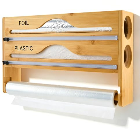 Frischhaltefolienspender aus Holz, 3-in-1 Alufolienspender mit Cutter, Küchenrollenhalter Wandmontage, Abnehmbarer Halter mit 5 cm Runder Öffnung für Alufolie, Frischhaltefolie und Wachspapier