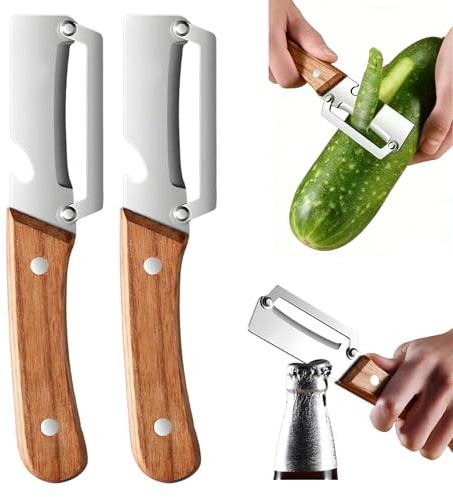 Mnrkaoic 2-in-1 Multifunktions-Sparschäler aus Edelstahl mit Holzgriff – Ultrascharfer Gemüseschäler & Flaschenöffner für Kartoffeln, Äpfel, Karotten Obst (2PCS)