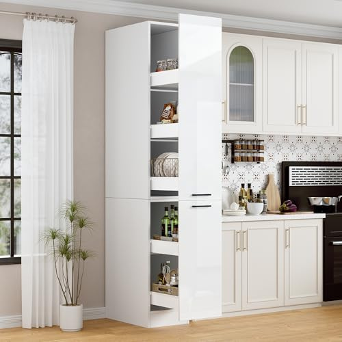 MSFE Küchenschrank Hochschrank mit Auszug, Schmal Apothekerschrank küche 30 cm breit, Schmaler Mehrzweckschrank, für Küche, Wohnzimmer, Esszimmer, Bad, 207 * 56 * 30cm, Hochglanzweiß