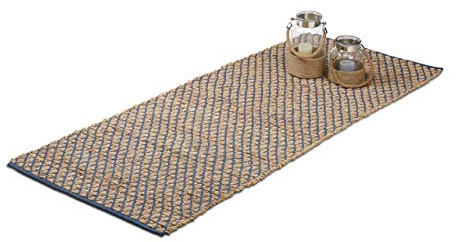 Relaxdays Teppich Jute, 80x200 cm, handgewebter Teppichläufer, Karomuster, Läufer Flur, Wohnzimmer, Küche, natur/blau
