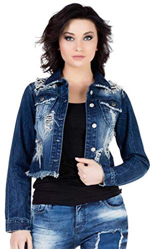 Cipo & Baxx Damen Jeansjacke WJ130 Blau – Kurze Denim Jacke im Used-Look mit Fransen & Destroyed-Details – Stylischer Streetwear Style für Alltag, Freizeit & Party - WJ130 Blau M