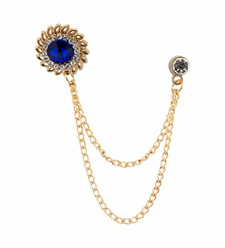 Brooch Lapel Pin for Men Royal Blue Stone with Inspired Stone Detailing Hanging Chain Lapel Pin Golden Badge Coat Suit Wedding Gift Party Shirt Collar Accessories