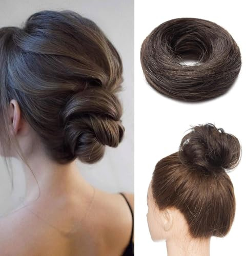 Chouchou Femme Postiche Chignon Raide 100% Cheveux Humains Naturels Scrunchie Hair Bun Human Hair Queue de Cheval Lisse - #2 Brun Foncé