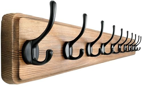 Dseap Garderobe, 97cm Lang Robust Hakenleiste Garderobenleiste Holz mit 10 Haken, Garderobenhaken Wand, Kleiderhaken für Mantel Kleidung Hut Jacken Schals,Natur