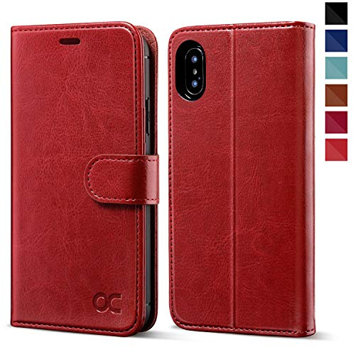 OCASE Kompatibel für iPhone XS Hülle iPhone X Hülle iPhone 10 Hülle Handyhülle [Premium Leder] [Standfunktion] [Kartenfach] Schlanke Leder Brieftasche Rot