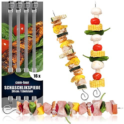 com-four® 16x Schaschlikspieße 30 cm aus Edelstahl - Lange Fleischspieße - Premium Grillspieße, Gemüsespieße im Set für BBQ, Grill, Fleisch, Schaschlik und Gemüse (30cm - 16 Stück)
