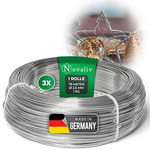Novaliv 228 Meter Aluminiumdraht 2,5mm Silber, Basteldraht ideal als Biegedraht zum basteln, Vielseitig für DIY-Projekte und Dekorationen, 76m Rolle Dekodraht, Schmuckdraht, Blumendraht, Laternendraht