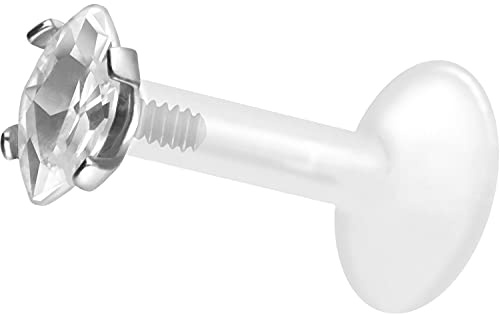 PIERCINGLINE PTFE Labret mit Innengewinde | Titan AUFSATZ EINGEFASSTER KRISTALLTROPFEN | Piercing Lippe Nase Ohr Helix | Farb & Größenauswahl
