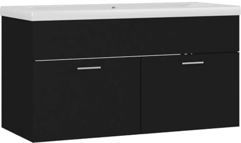 vidaXL Waschbeckenunterschrank mit Einbaubecken Unterschrank Badschrank Badezimmerschrank Waschtisch Hängeschrank Badmöbel Schwarz Holzwerkstoff