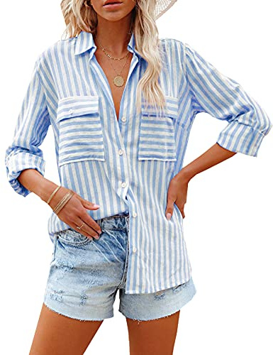 OMSJ Women's Striped Button Down Shirts Casual Long Sleeve Stylish V Neck Blouses Tops with Pockets (M, Blue)