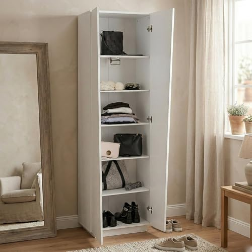 Dmora - Mehrzweckschrank mit 2 Türen Medea, Schuhregal mit 2 Türen und 5 Regalen, Multifunktionsschrank, 100 % Made in Italy, 60 x 38 x 200 cm, glänzendes Weiß,