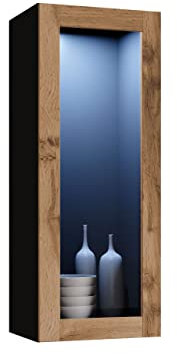Hängevitrine Vigo Glas 90, Vitrinenschrank, Griffloses Öffnen, Wohnzimmer Schrank, Vitrine, Highboard, Stauraumvitrine, Hochschrank (Schwarz/Eiche Wotan, mit weißer LED Beleuchtung)
