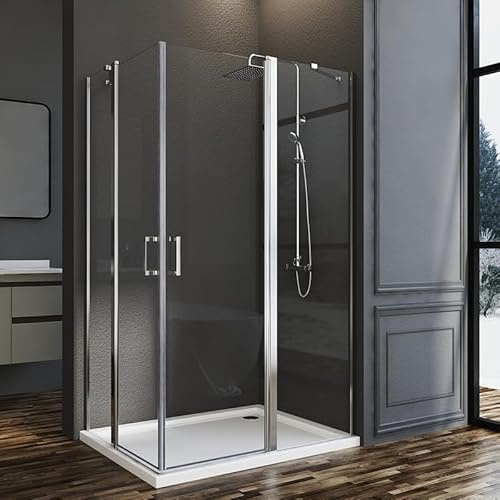 Duschkabine Eckeinstieg 90x120cm Duschabtrennung mit Pendeltüren, Dusche aus 6 mm NANO-Beschichtung ESG Glas, Scharniertür Duschkabine Eckeinstieg Höhe 185cm