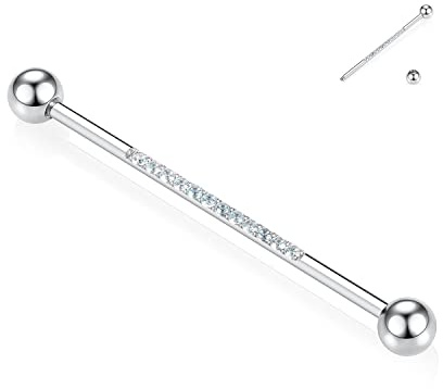 hengkaixuan Surgical Steel Industrial Piercing Jewellery 14G Industrial Barbell 38mm Long Scaffold Bar Industrial Bar with CZ Paved Cartilage Earring Helix Barbell for Women Men