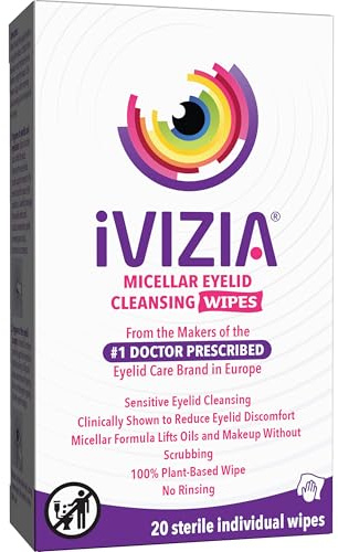 iVIZIA Eyelid Cleansing Wipes for Sensitive Eyelid Cleansing, Preservative-Free, Micellar, No Rinse, Gentle Eye Makeup Remover, 20 Sterile Single-Use Wipes for Eyelids Packaging May Vary