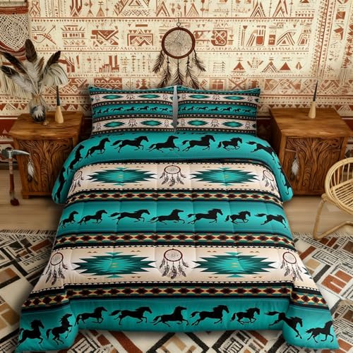 Horse Duvet Insert Dreamcatcher Bedding Set for Boys Child Teens Men,Aztec African Tribal Horse Printed Comforter Set Western Farm Animals Down Comforter Exotic Nordic Style Bedroom Decor,Twin