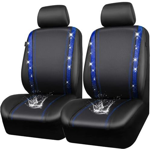 CAR PASS Coprisedili auto in pelle impermeabile, cristallo scintillante diamante Bling, universale per il 95% di tutte le auto camion SUV, donne uomini (Anteriore, Blu)