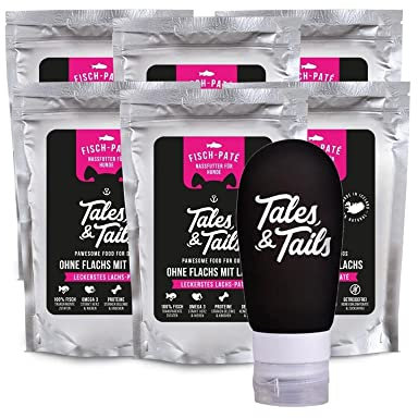 Tales & Tails Schleckertubenpaket Lachs | Futtertube Für Hunde zum Befüllen | 6X 100g Nassfutter | Ideales Hundetraining | Wiederverwendbare Tube