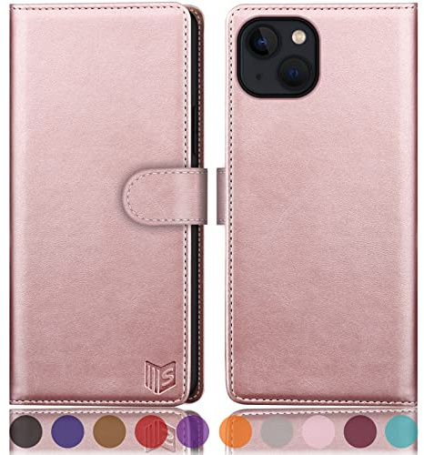 SUANPOT [RFID Schutz für iPhone 14 6.1 Hülle PU Leder Handyhülle Lederhülle Klapphülle Kartenfach Flip Cover für Apple 14 Handy hülle Leather Wallet Phone Case Roségold